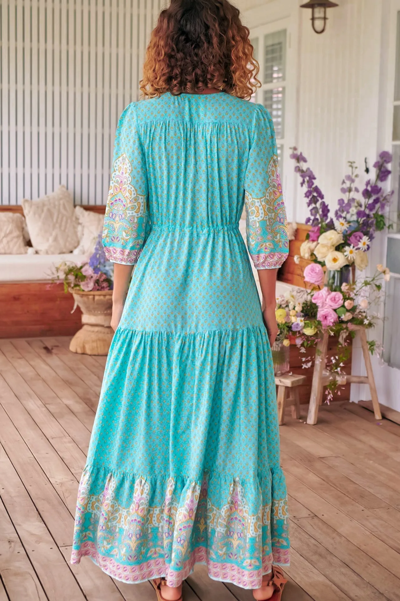 Tessa Maxi Dress - A Line Pull Tie Waist Dress in Atlantis Print>Jaase Online