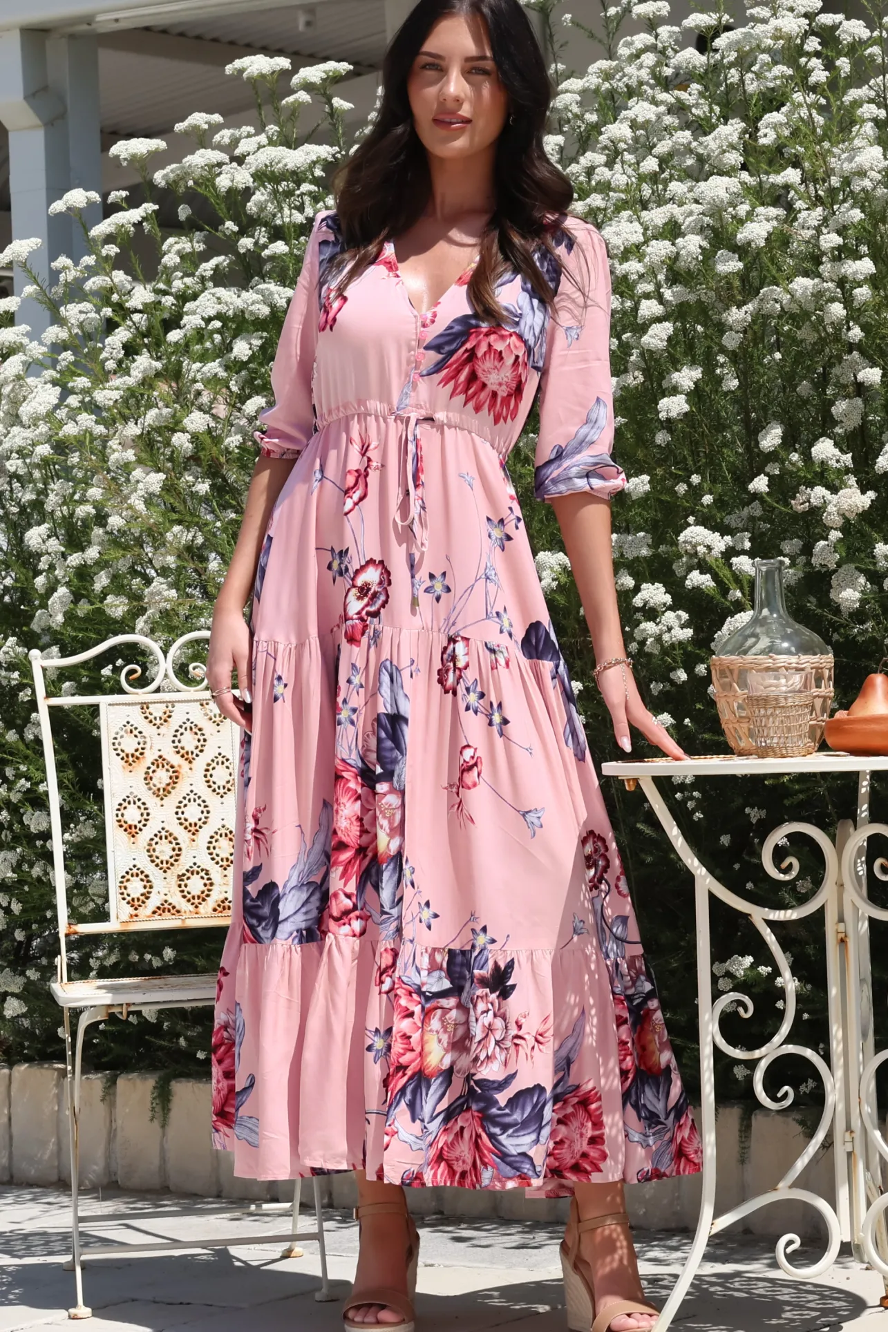 Tessa Maxi Dress - A Line Pull Tie Waist Dress in Dahlia Print>Salty Crush New