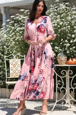Tessa Maxi Dress - A Line Pull Tie Waist Dress in Dahlia Print>Salty Crush New