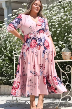 Tessa Maxi Dress - A Line Pull Tie Waist Dress in Dahlia Print><noscript><img width=