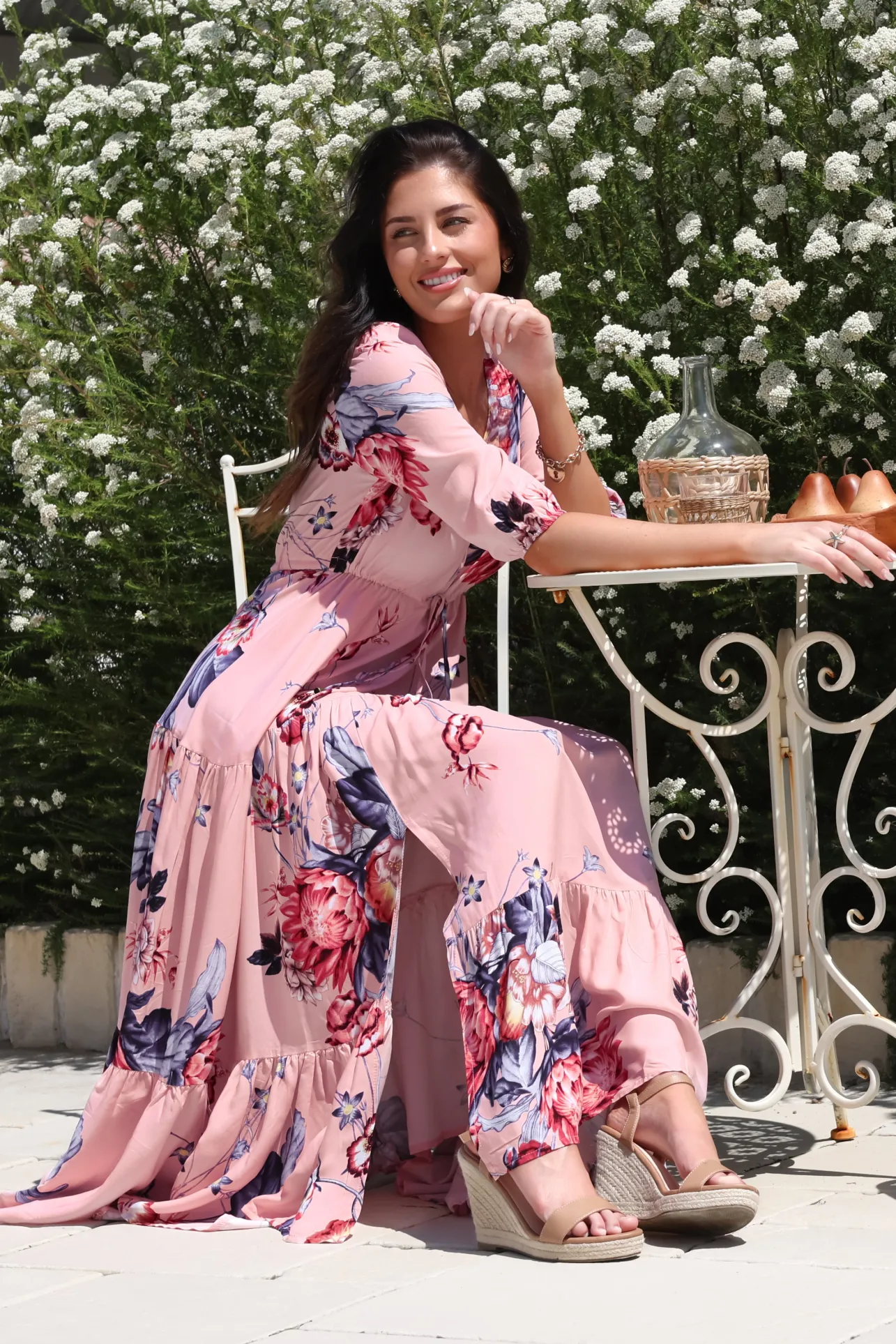 Tessa Maxi Dress - A Line Pull Tie Waist Dress in Dahlia Print>Salty Crush New