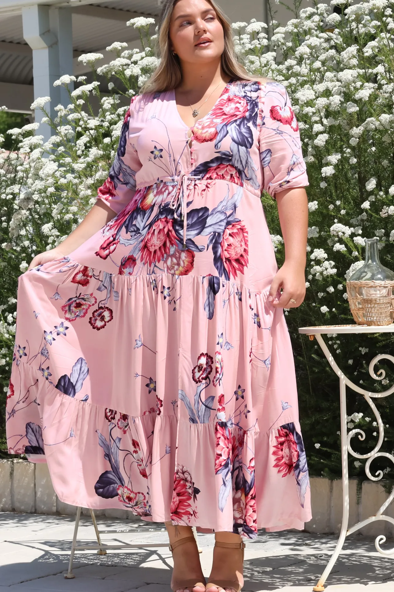 Tessa Maxi Dress - A Line Pull Tie Waist Dress in Dahlia Print>Salty Crush New