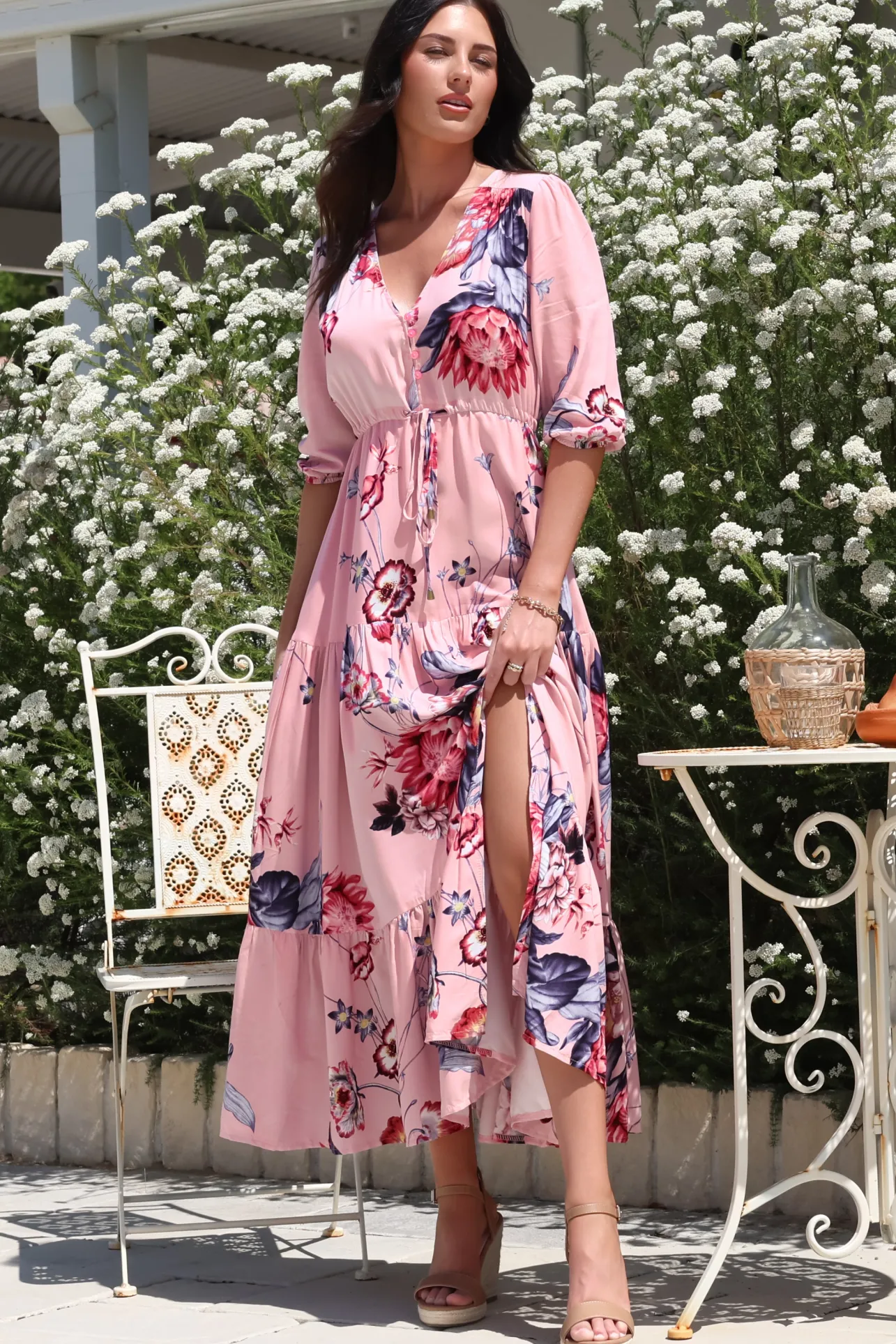 Tessa Maxi Dress - A Line Pull Tie Waist Dress in Dahlia Print>Salty Crush New