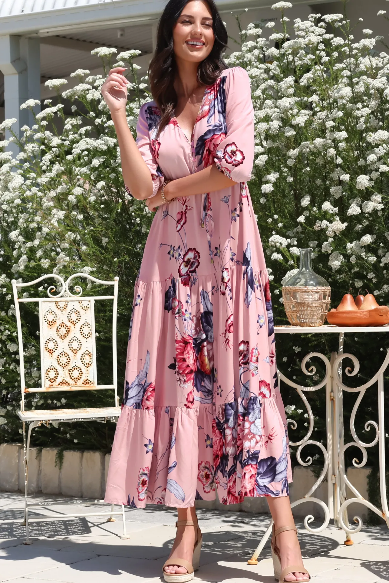 Tessa Maxi Dress - A Line Pull Tie Waist Dress in Dahlia Print>Salty Crush New