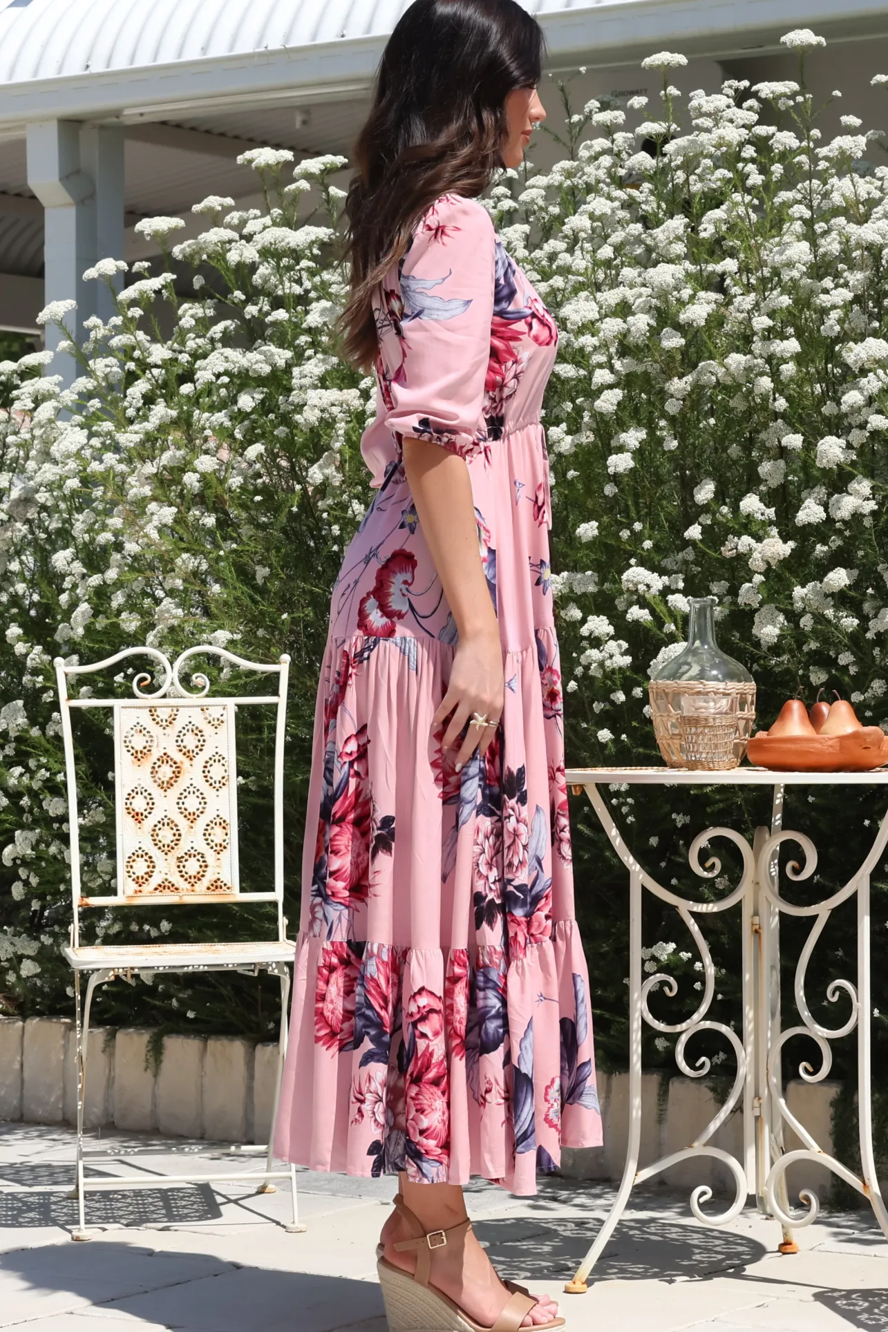 Tessa Maxi Dress - A Line Pull Tie Waist Dress in Dahlia Print>Salty Crush New