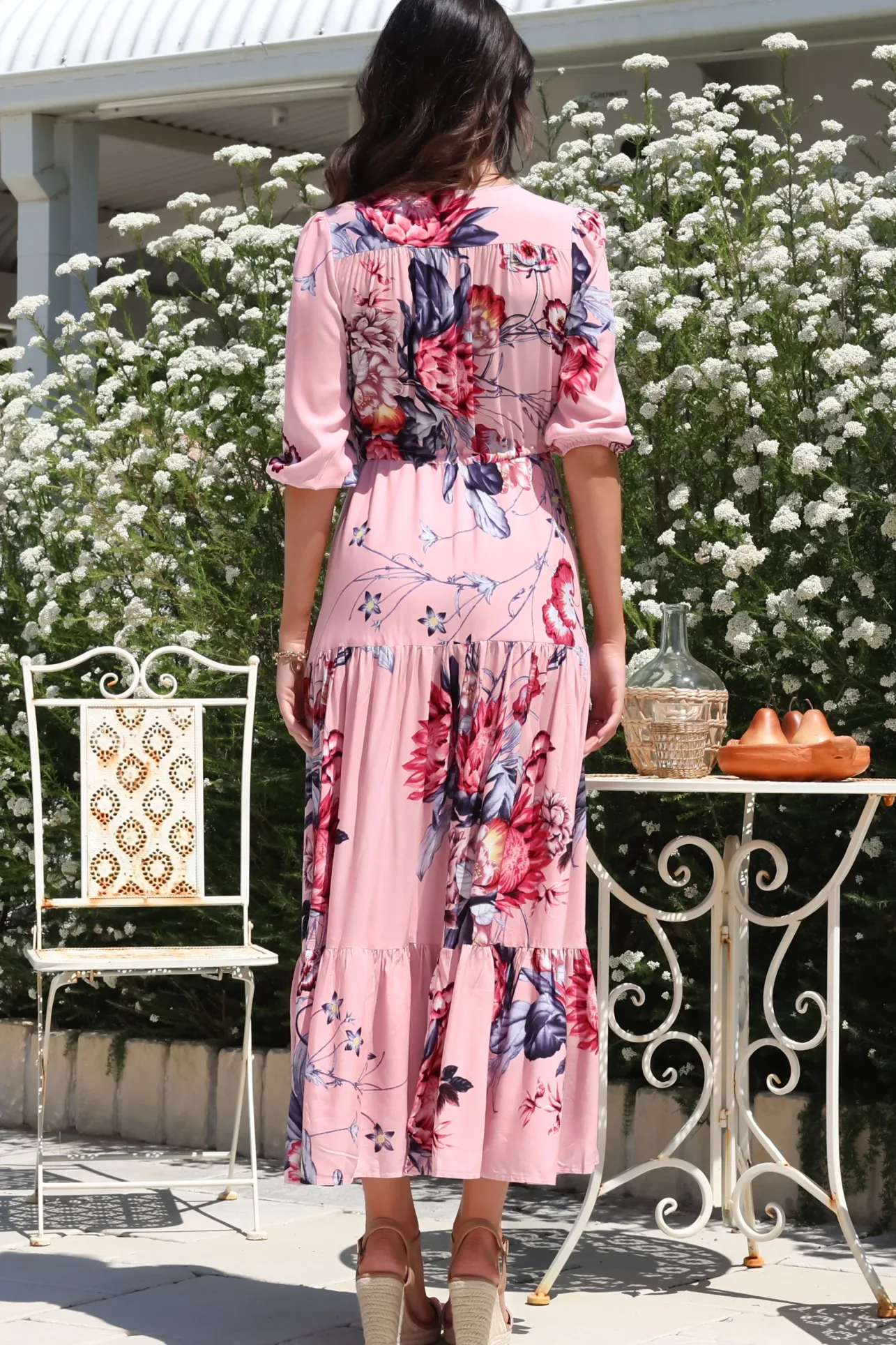 Tessa Maxi Dress - A Line Pull Tie Waist Dress in Dahlia Print>Salty Crush New