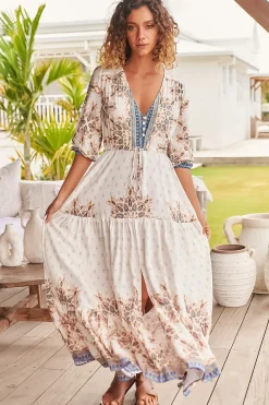 Tessa Maxi Dress - A Line Pull Tie Waist Dress in Gemstone Print>Jaase Sale