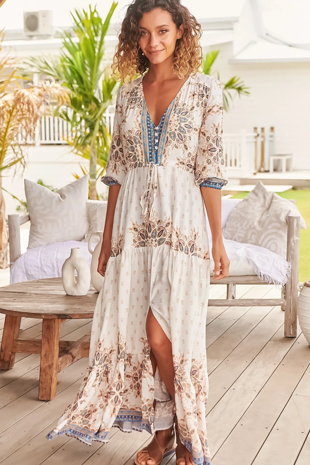 Tessa Maxi Dress - A Line Pull Tie Waist Dress in Gemstone Print>Jaase Sale