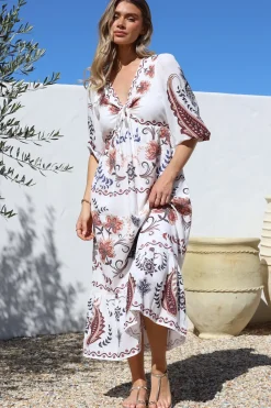 Thanya Midi Dress - V-Neck with Tie Balloon Sleeve Tiered Dress in Magah Print><noscript><img width=