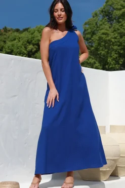 Tia Maxi Dress - One Shoulder with Tie Sun Dress in Electric Blue>Salty Crush Outlet