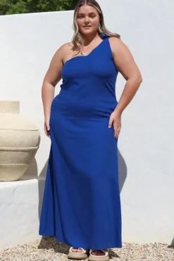 Tia Maxi Dress - One Shoulder with Tie Sun Dress in Electric Blue>Salty Crush Outlet