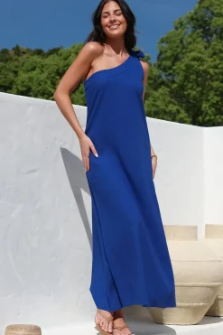 Tia Maxi Dress - One Shoulder with Tie Sun Dress in Electric Blue><noscript><img width=
