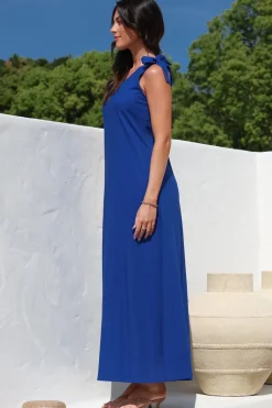 Tia Maxi Dress - One Shoulder with Tie Sun Dress in Electric Blue><noscript><img width=