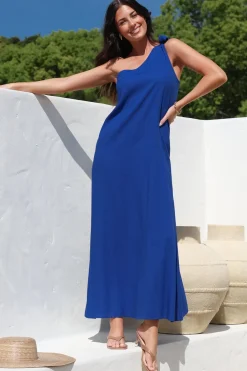 Tia Maxi Dress - One Shoulder with Tie Sun Dress in Electric Blue><noscript><img width=