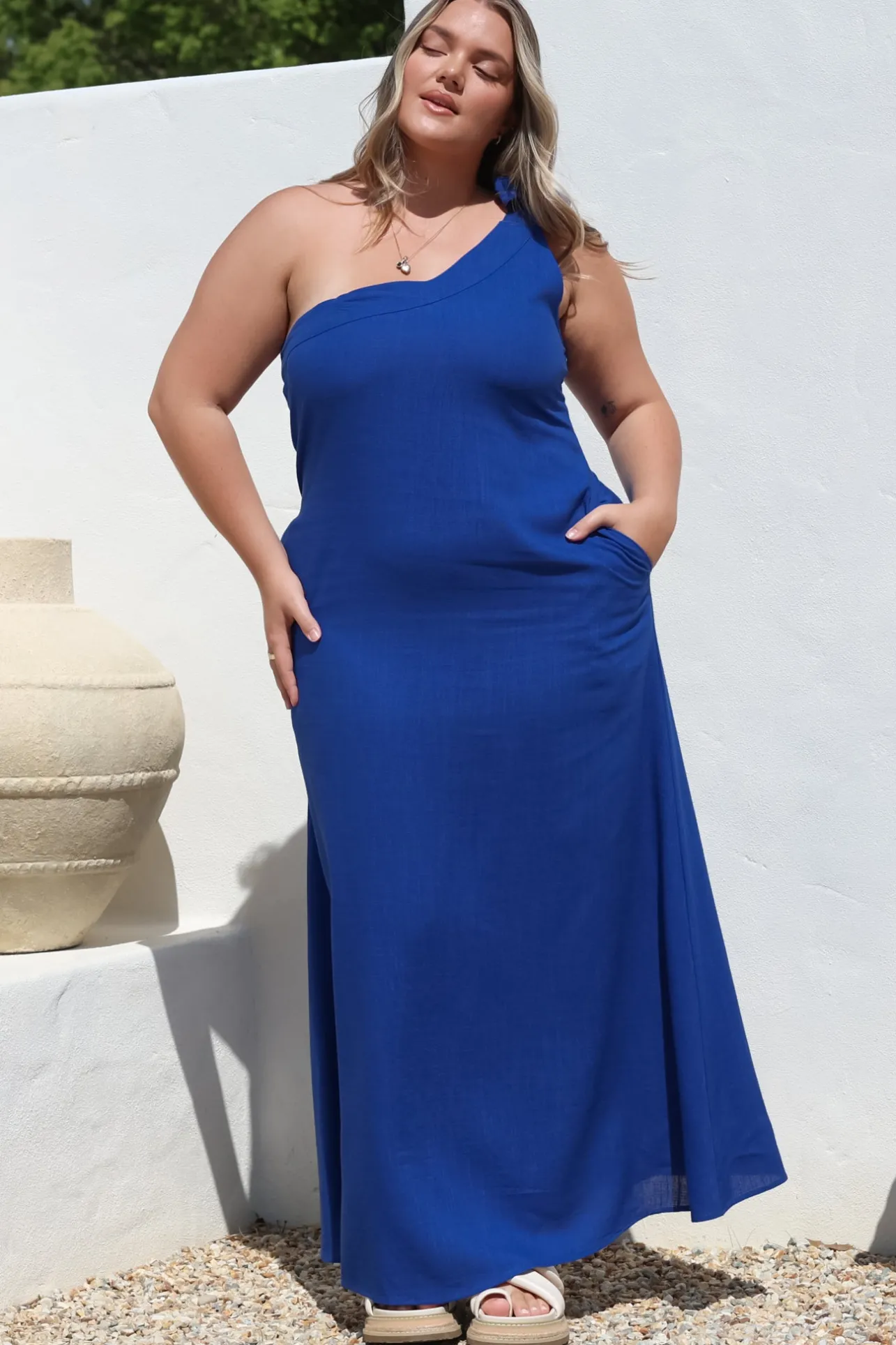 Tia Maxi Dress - One Shoulder with Tie Sun Dress in Electric Blue>Salty Crush Outlet