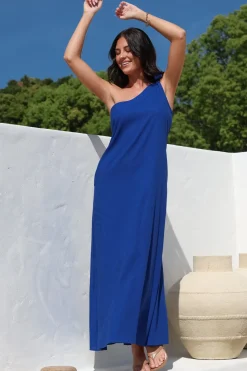 Tia Maxi Dress - One Shoulder with Tie Sun Dress in Electric Blue><noscript><img width=