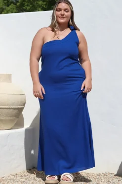 Tia Maxi Dress - One Shoulder with Tie Sun Dress in Electric Blue><noscript><img width=