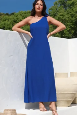 Tia Maxi Dress - One Shoulder with Tie Sun Dress in Electric Blue><noscript><img width=