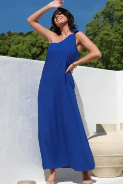 Tia Maxi Dress - One Shoulder with Tie Sun Dress in Electric Blue><noscript><img width=