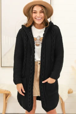 Toolara Cardigan - Thick Cable Knit Hooded Cardigan with Pocket in Black><noscript><img width=
