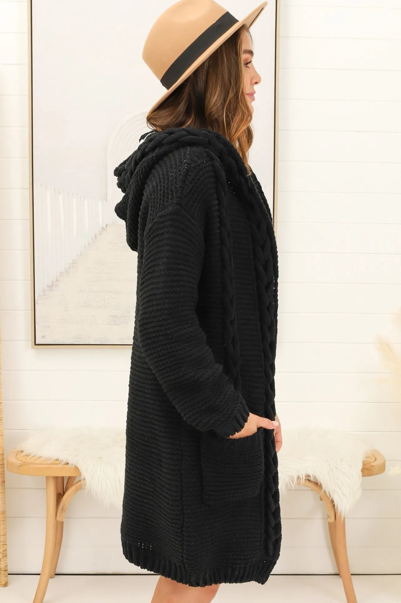 Toolara Cardigan - Thick Cable Knit Hooded Cardigan with Pocket in Black>Salty Crush Hot