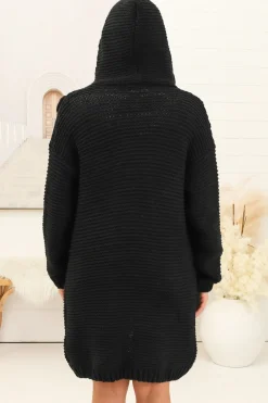 Toolara Cardigan - Thick Cable Knit Hooded Cardigan with Pocket in Black><noscript><img width=