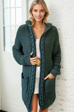 Toolara Cardigan - Thick Cable Knit Hooded Cardigan with Pocket in Military Green>Salty Crush Clearance