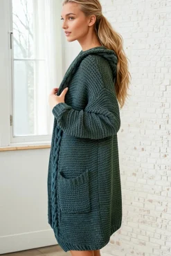 Toolara Cardigan - Thick Cable Knit Hooded Cardigan with Pocket in Military Green><noscript><img width=