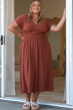 Torin Midi Dress - Gathered and Piping Detailed A-Line Dress with a V-Neckline in Rust>Salty Crush Hot