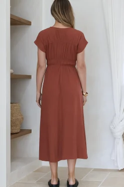 Torin Midi Dress - Gathered and Piping Detailed A-Line Dress with a V-Neckline in Rust><noscript><img width=