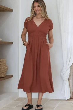 Torin Midi Dress - Gathered and Piping Detailed A-Line Dress with a V-Neckline in Rust><noscript><img width=