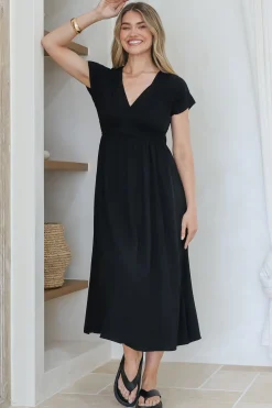 Torin Midi Dress - Gathered and Piping Detailed A-Line Dress with a V-Neckline in Black>Salty Crush Clearance