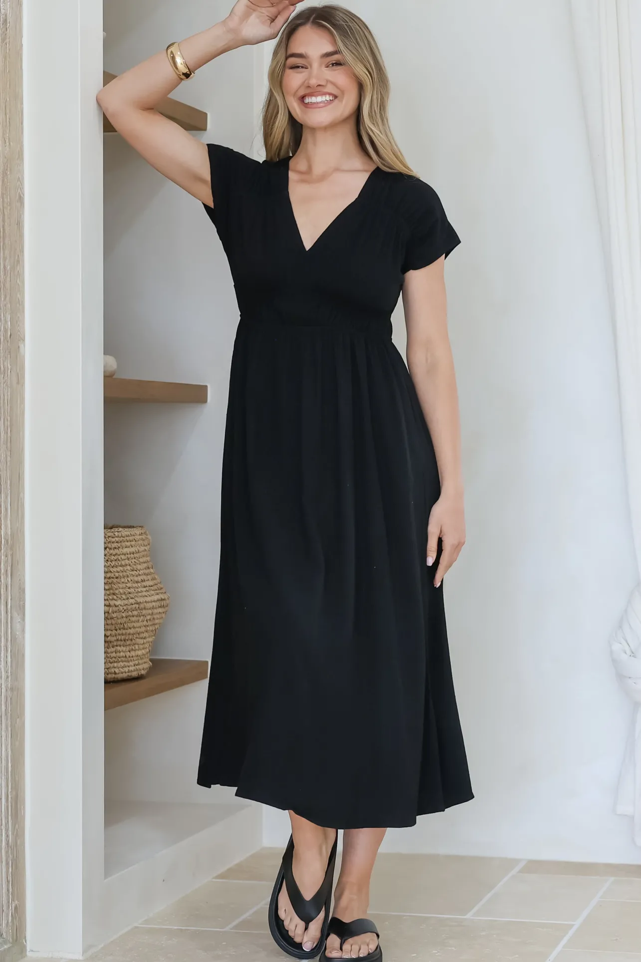 Torin Midi Dress - Gathered and Piping Detailed A-Line Dress with a V-Neckline in Black>Salty Crush Clearance