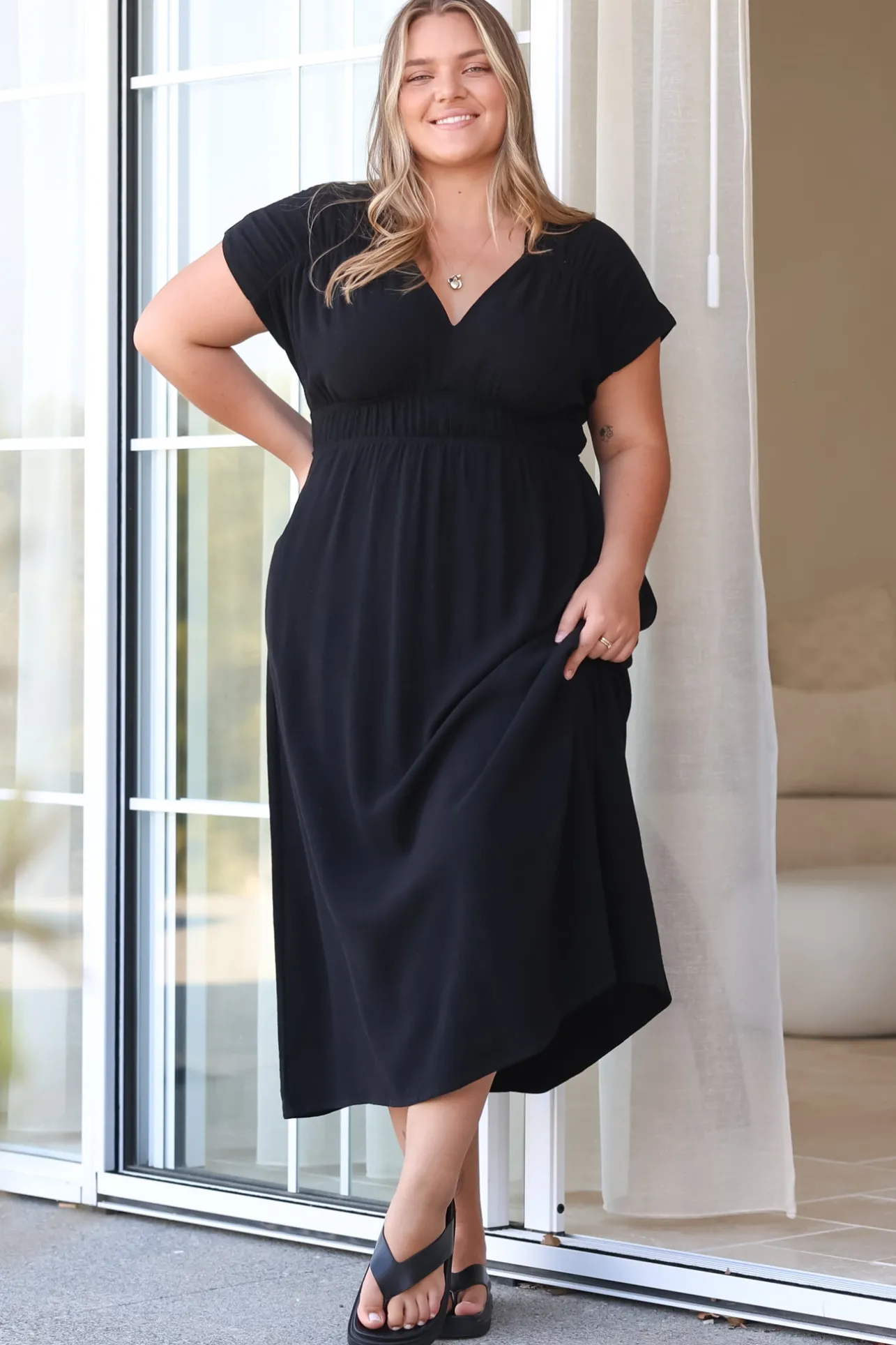 Torin Midi Dress - Gathered and Piping Detailed A-Line Dress with a V-Neckline in Black>Salty Crush Clearance