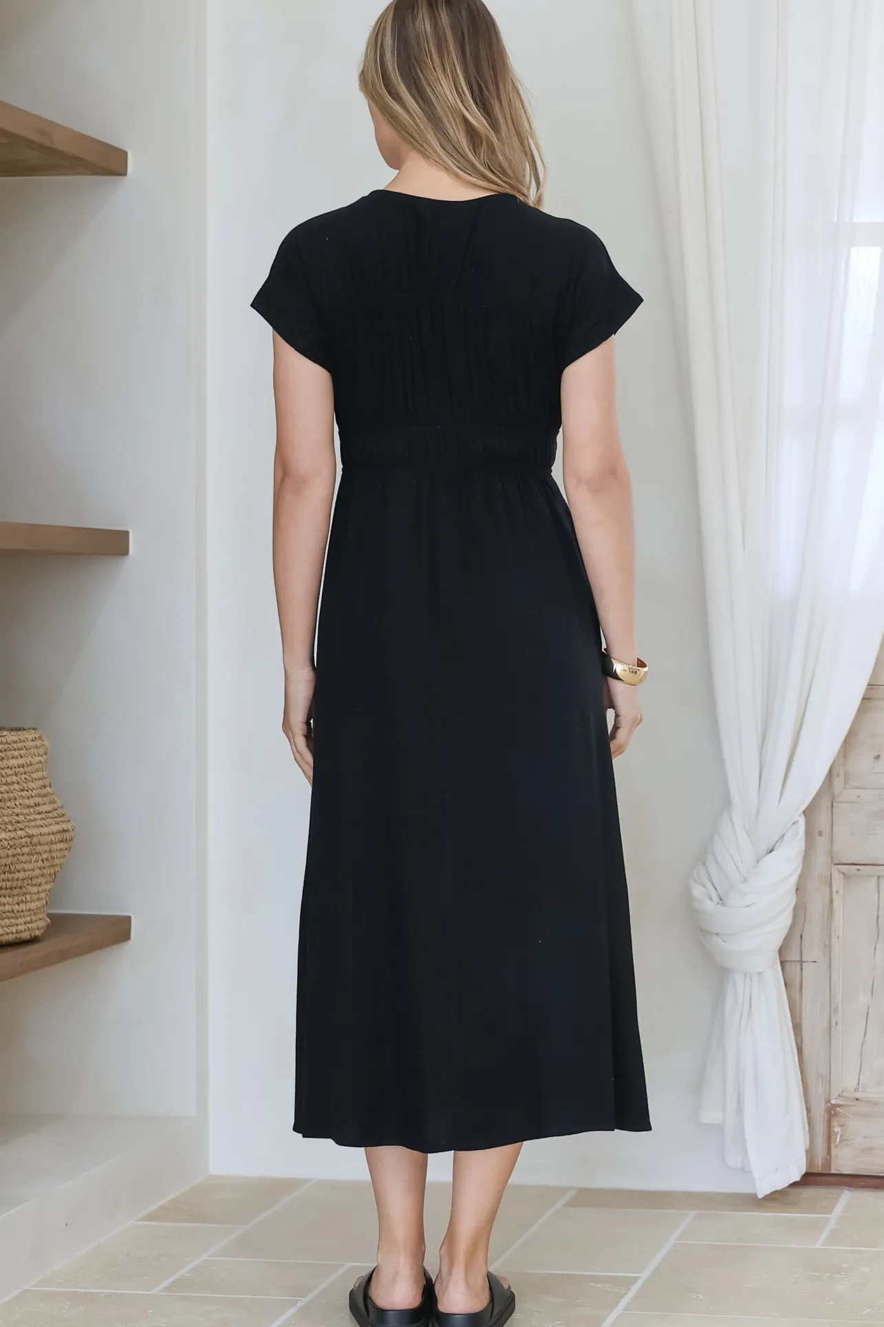 Torin Midi Dress - Gathered and Piping Detailed A-Line Dress with a V-Neckline in Black>Salty Crush Clearance