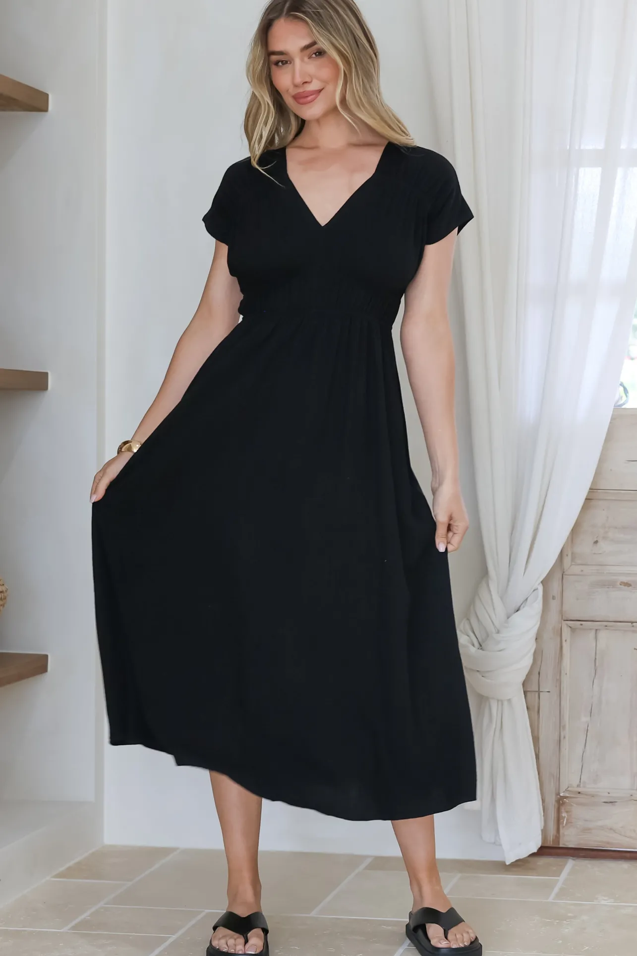 Torin Midi Dress - Gathered and Piping Detailed A-Line Dress with a V-Neckline in Black>Salty Crush Clearance