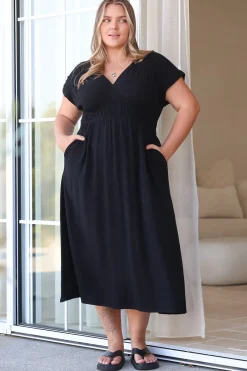 Torin Midi Dress - Gathered and Piping Detailed A-Line Dress with a V-Neckline in Black><noscript><img width=