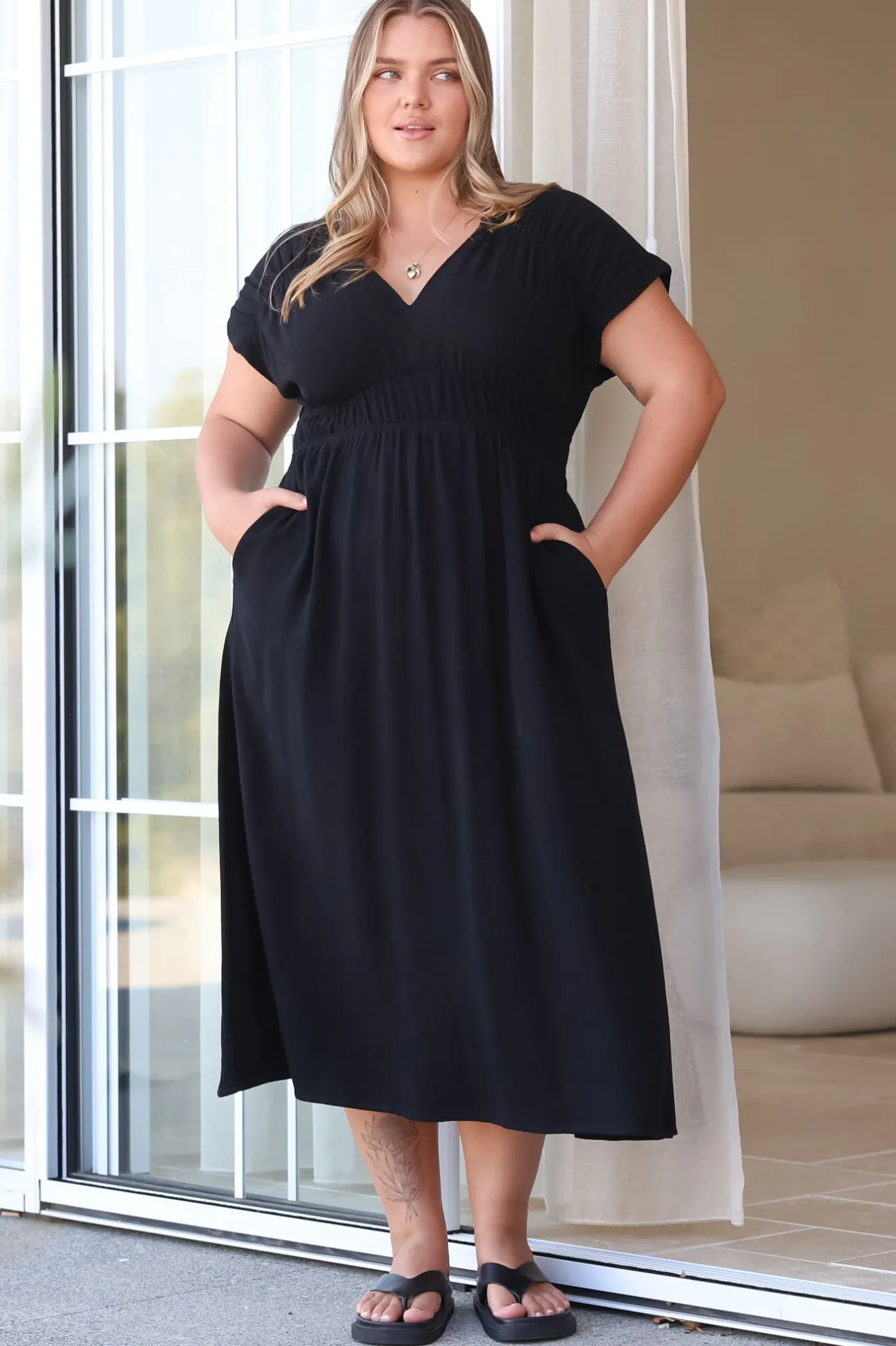 Torin Midi Dress - Gathered and Piping Detailed A-Line Dress with a V-Neckline in Black>Salty Crush Clearance