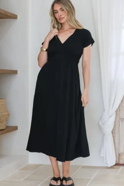 Torin Midi Dress - Gathered and Piping Detailed A-Line Dress with a V-Neckline in Black><noscript><img width=