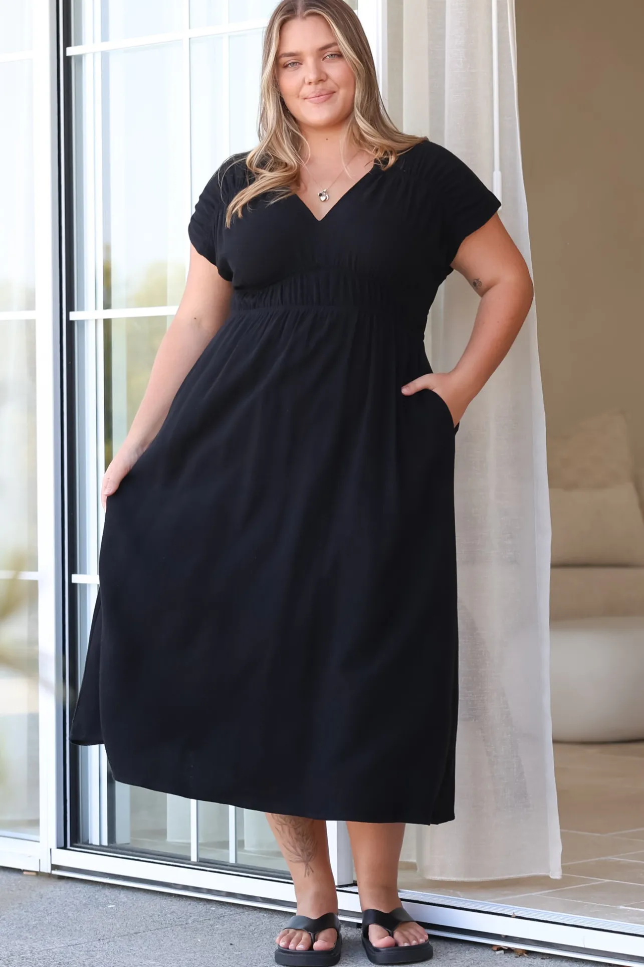 Torin Midi Dress - Gathered and Piping Detailed A-Line Dress with a V-Neckline in Black>Salty Crush Clearance