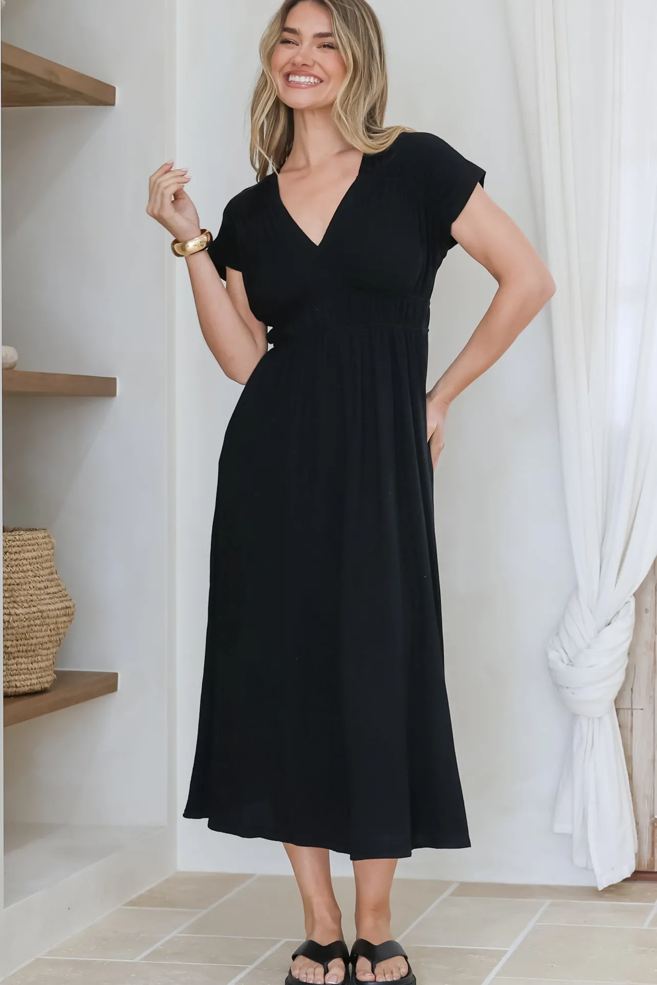Torin Midi Dress - Gathered and Piping Detailed A-Line Dress with a V-Neckline in Black>Salty Crush Clearance