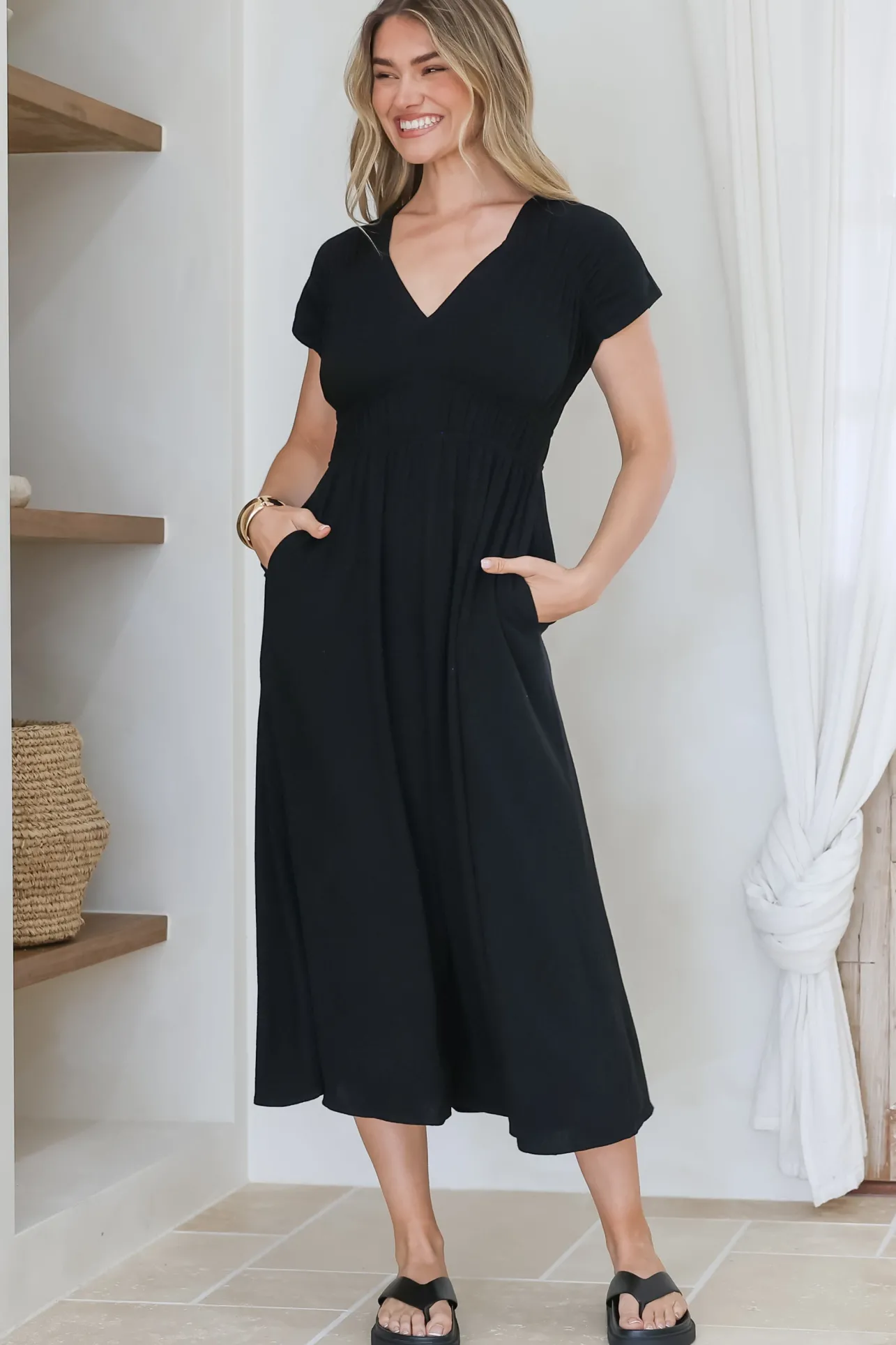 Torin Midi Dress - Gathered and Piping Detailed A-Line Dress with a V-Neckline in Black>Salty Crush Clearance