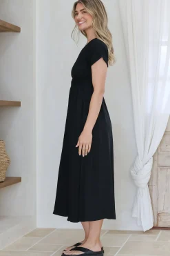 Torin Midi Dress - Gathered and Piping Detailed A-Line Dress with a V-Neckline in Black><noscript><img width=