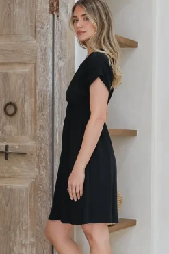 Torin Mini Dress - Flattering V-Neck A-Line Mini with Cinched Waist in Black><noscript><img width=