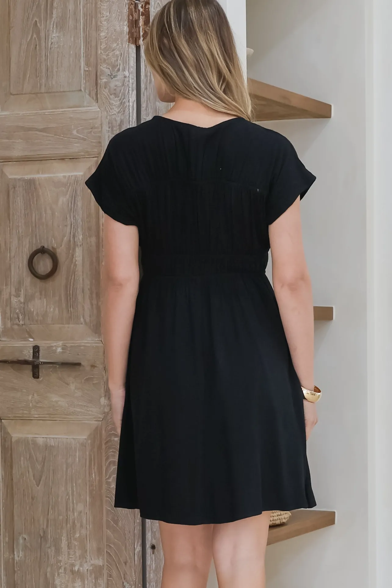 Torin Mini Dress - Flattering V-Neck A-Line Mini with Cinched Waist in Black>Salty Crush Sale