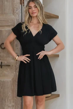 Torin Mini Dress - Flattering V-Neck A-Line Mini with Cinched Waist in Black><noscript><img width=