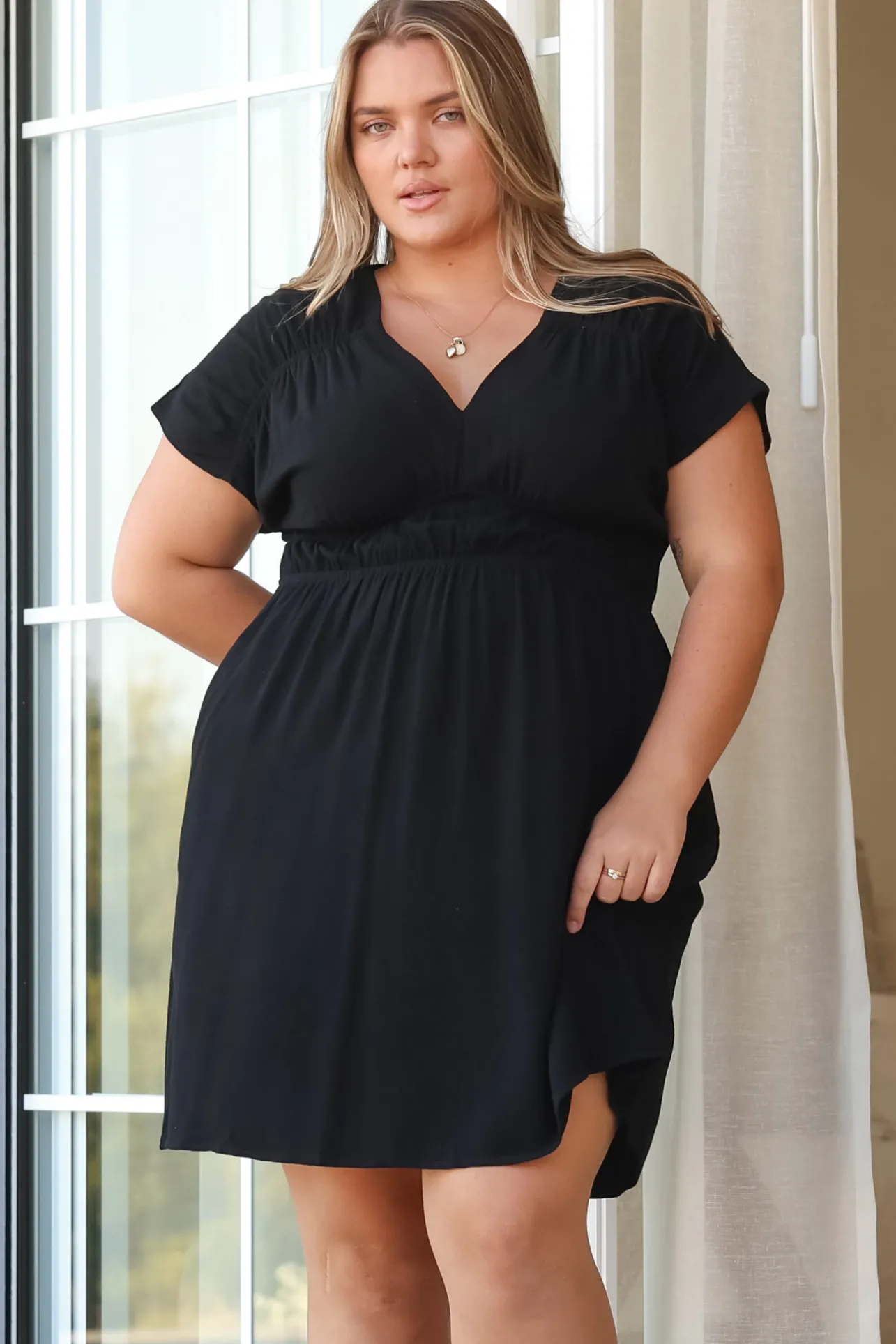 Torin Mini Dress - Flattering V-Neck A-Line Mini with Cinched Waist in Black>Salty Crush Sale
