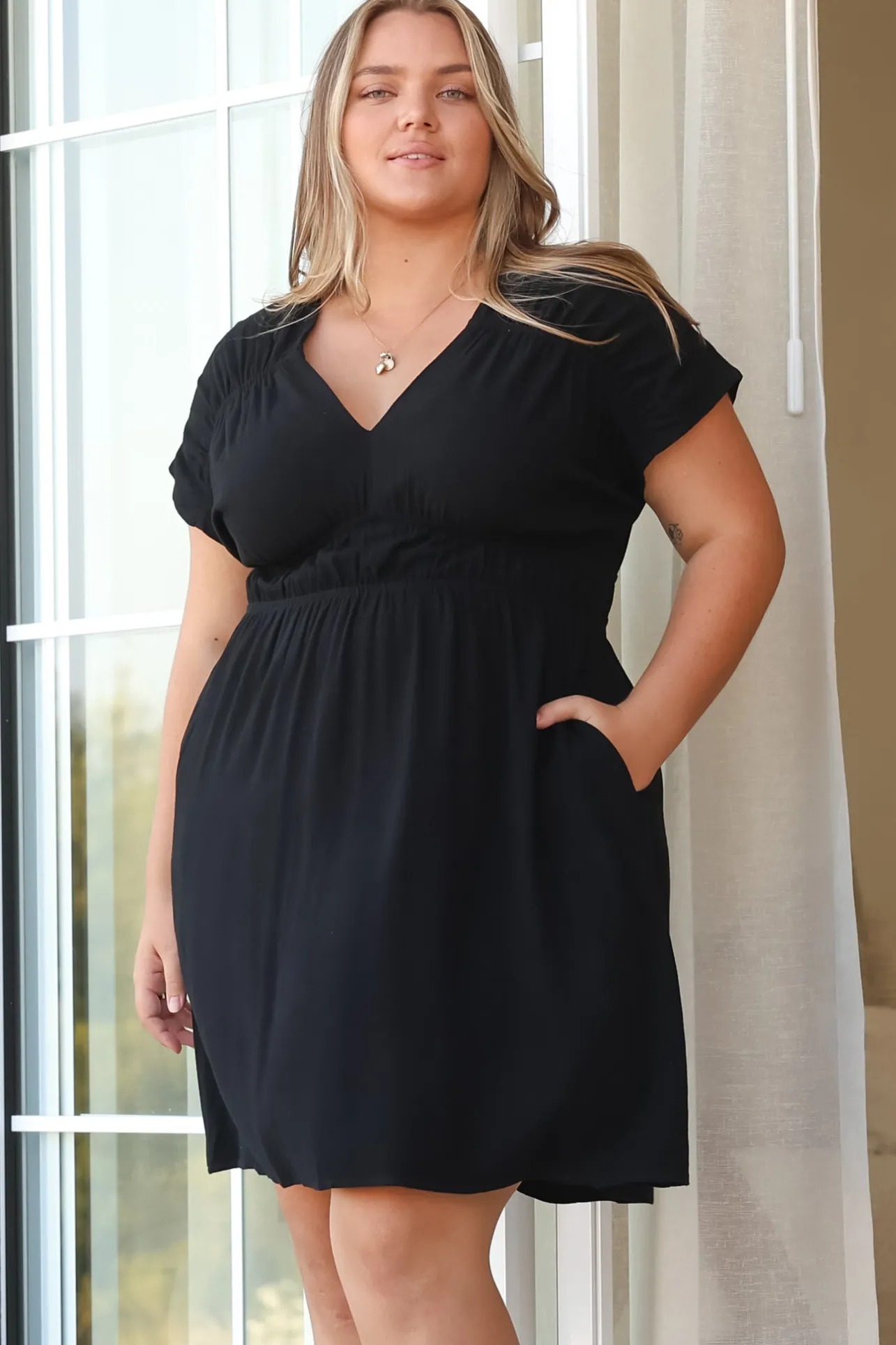 Torin Mini Dress - Flattering V-Neck A-Line Mini with Cinched Waist in Black>Salty Crush Sale