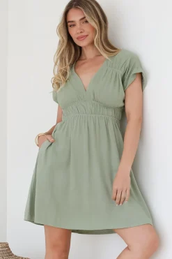 Torin Mini Dress - Flattering V-Neck A-Line Mini with Cinched Waist in Sage>Salty Crush Sale