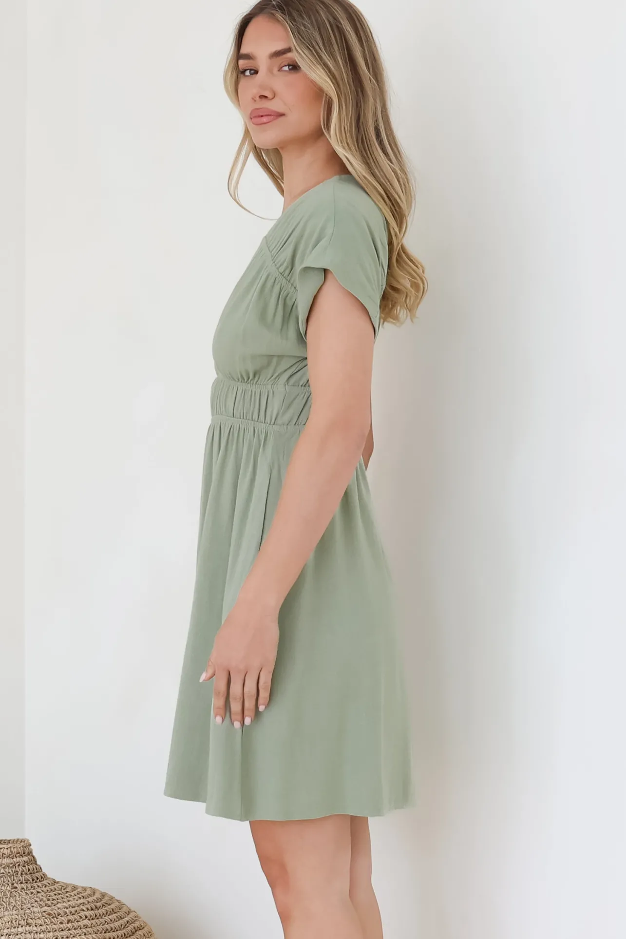 Torin Mini Dress - Flattering V-Neck A-Line Mini with Cinched Waist in Sage>Salty Crush Sale